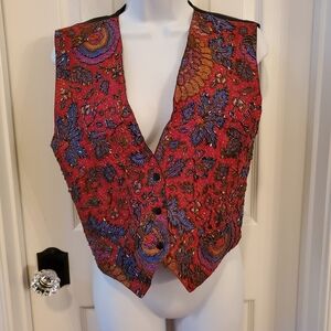 Vintage 1980's Style  Women's Red and Blue Patterned Beaded Vest
